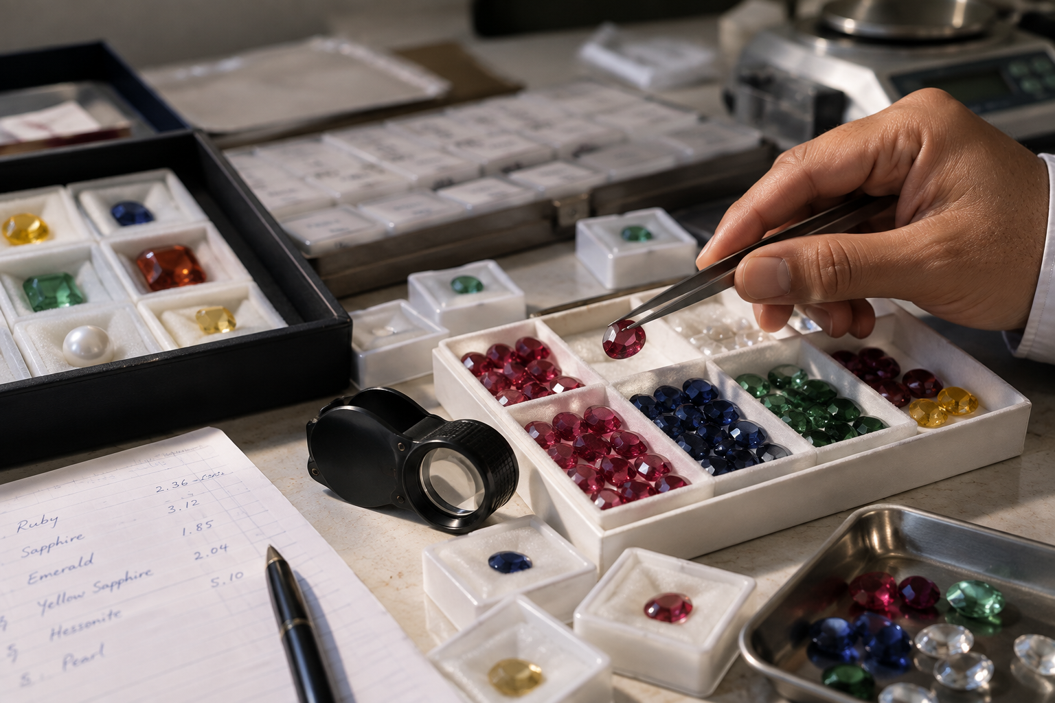 Jeweller inspecting loose natural gemstones with tweezers